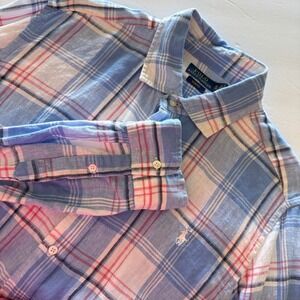 Polo Ralph Lauren XL Slim Fit Blue Plaid Linen Long Sleeve‎ Casual Shirt